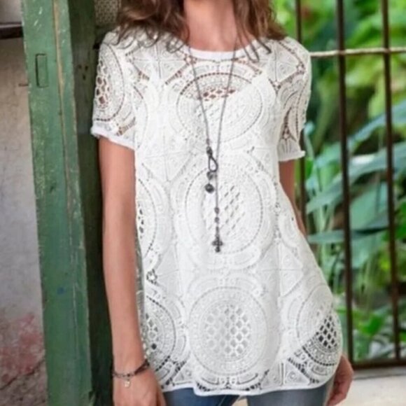 Sundance Shadow Dance Crochet‎ Top Ivory Lace Sheer Short Sleeve Tunic Sweater S - Picture 2 of 11